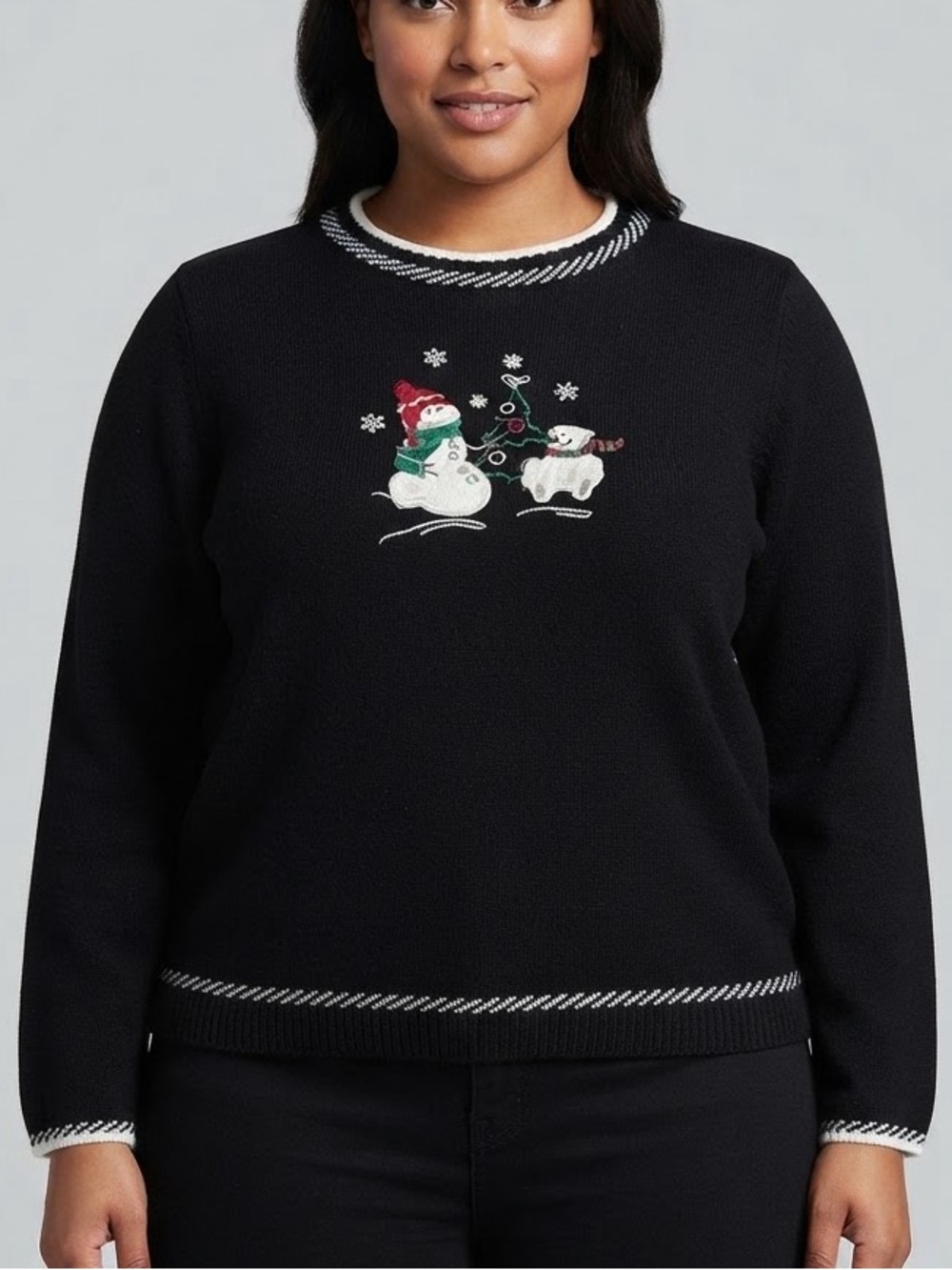 CARROLL REED Black Holiday Snowman Embroidered Sweater size Large